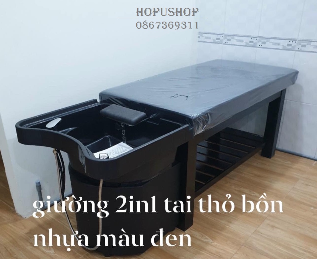 Giường gội đầu 2in1 gỗ tràm - Bồn nhựa - Bục da G2