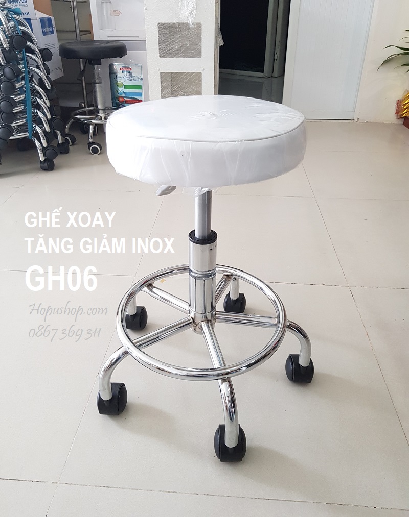 Ghế xoay tăng giảm inox, chân tròn nệm trơn GH06